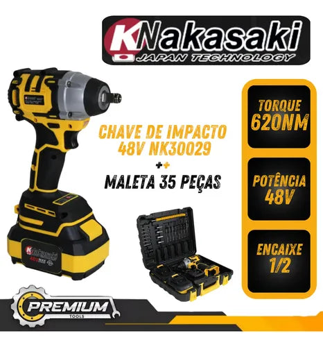 Chave de Impacto 48v Profissional 620Nm + Maleta com Kit Completo de 35 Peças