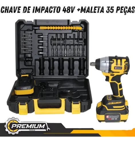 Chave de Impacto 48v Profissional 620Nm + Maleta com Kit Completo de 35 Peças