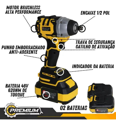 Chave de Impacto 48v Profissional 620Nm + Maleta com Kit Completo de 35 Peças