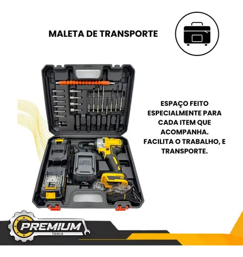 Chave de Impacto 48v Profissional 620Nm + Maleta com Kit Completo de 35 Peças