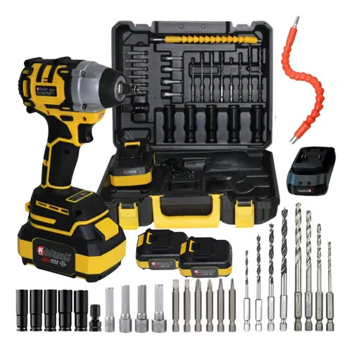 Chave de Impacto 48v Profissional 620Nm + Maleta com Kit Completo de 35 Peças
