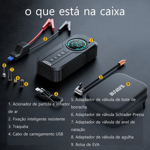 Power Compressor + Carregador de Bateria Veicular Portátil 3 em 1 + BRINDE EXCLUSIVO